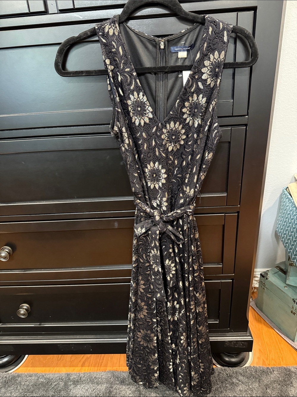 Tommy Hilfiger Black Lace Midi Dress with Champagne Floral Accents